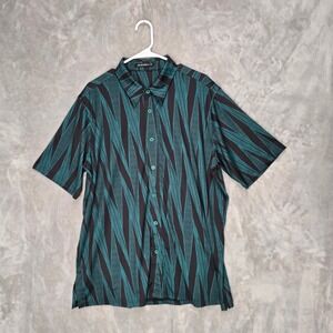 Manaola Mens XL Button Down Short Sleeve Shirt Black Teal Geometric Print